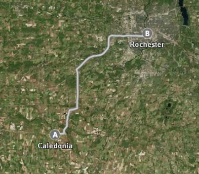 Map of Caledonia and Rochester, NY where two burning bodies found